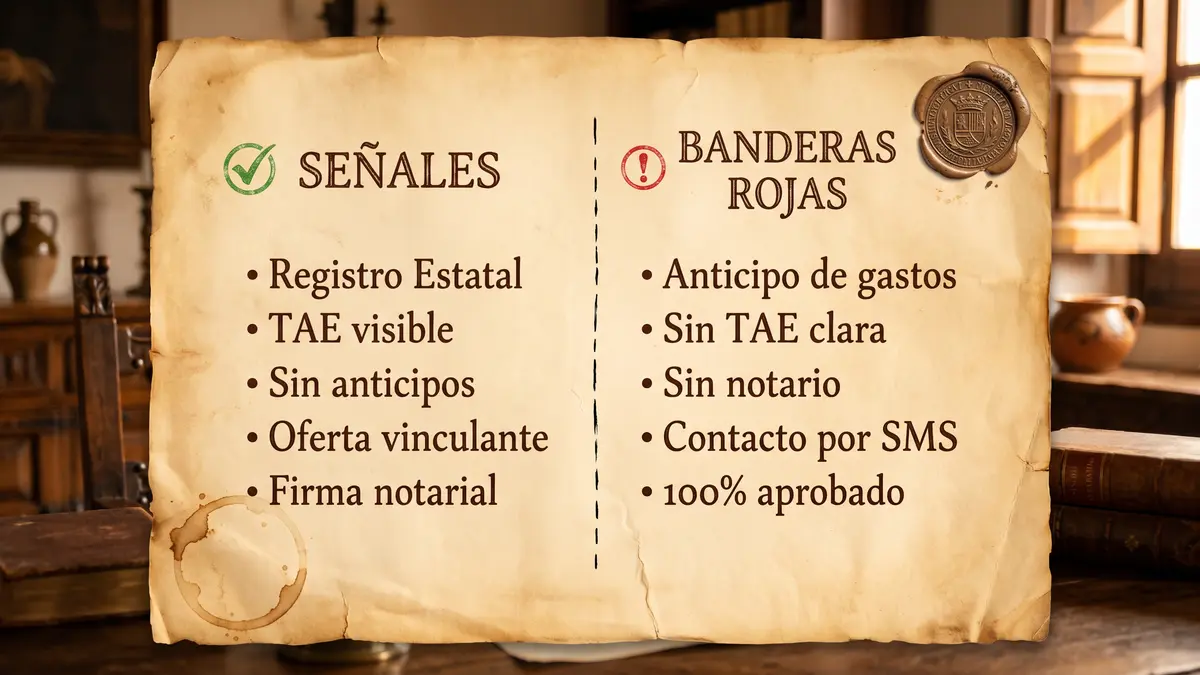 Pergamino comparativo de criterios: a la izquierda señales de prestamista serio (Registro Estatal, TAE visible, sin anticipos, oferta vinculante, firma notarial); a la derecha banderas rojas de fraude (anticipo de gastos, sin TAE clara, sin notario, contacto por SMS, 100 % aprobado), con sello notarial de referencia